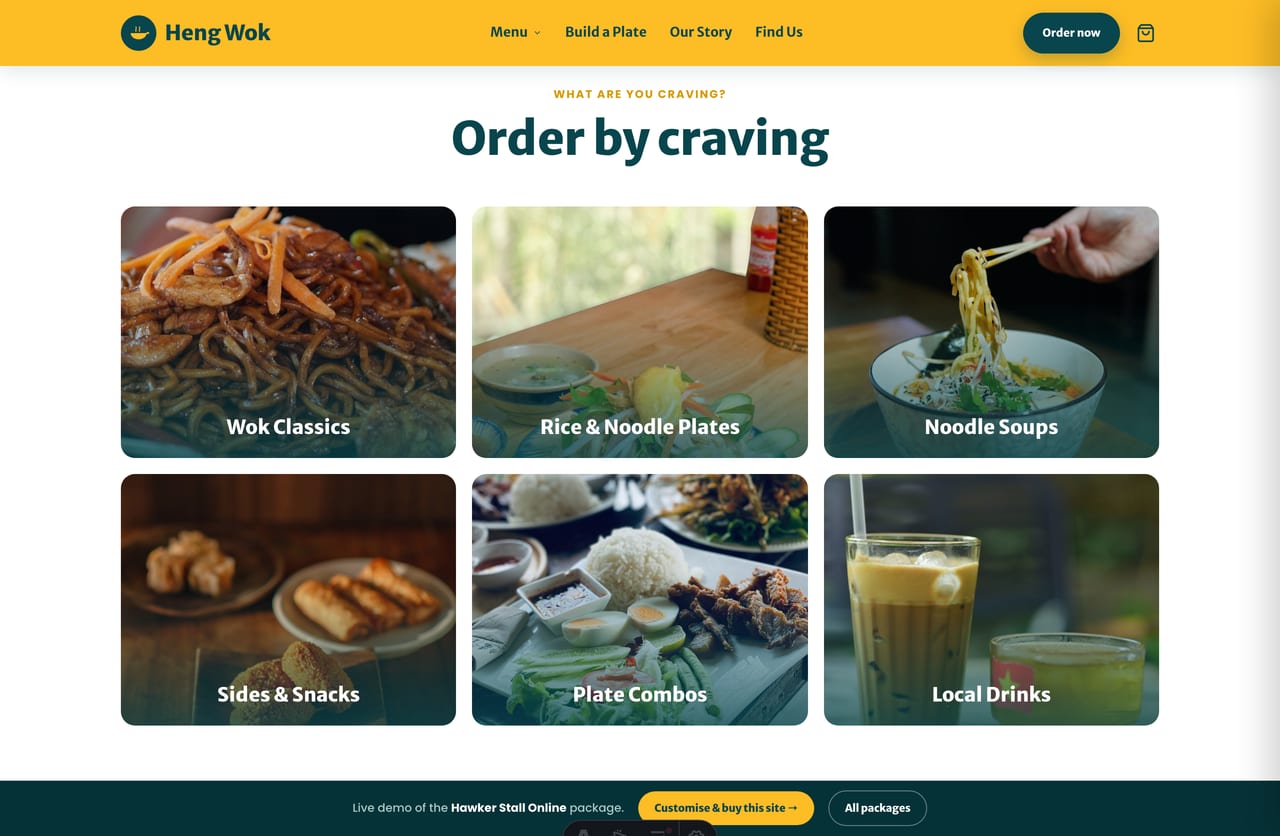 Order-by-craving tiles for a Singapore hawker stall — wok classics, rice & noodles, soups, sides, combos and drinks