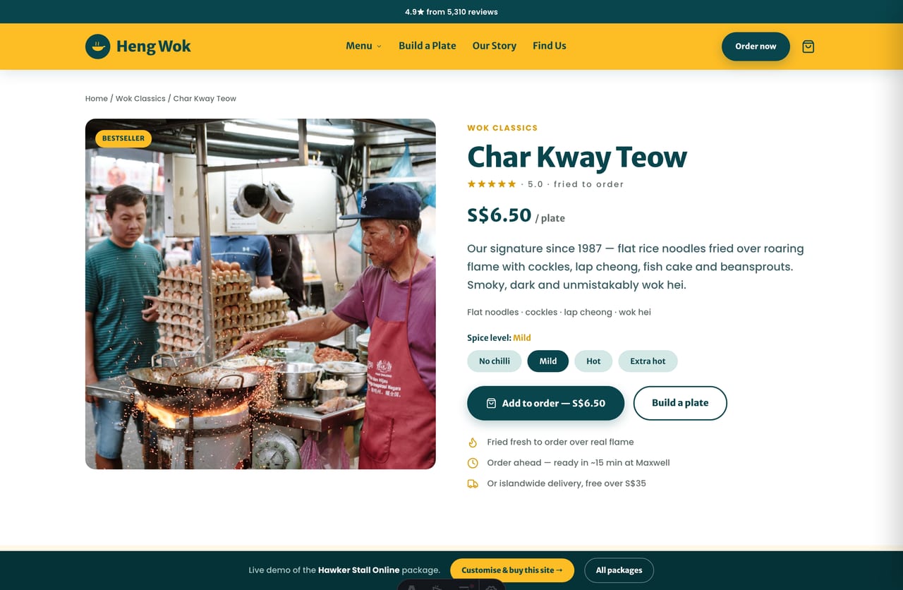 Hawker dish page with image, price, spice-level options and add-to-order