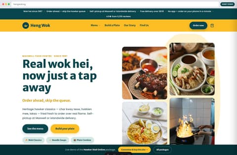 Heng Wok hawker stall online ordering website homepage demo — yellow header, deep-teal heading and food collage (Singapore)