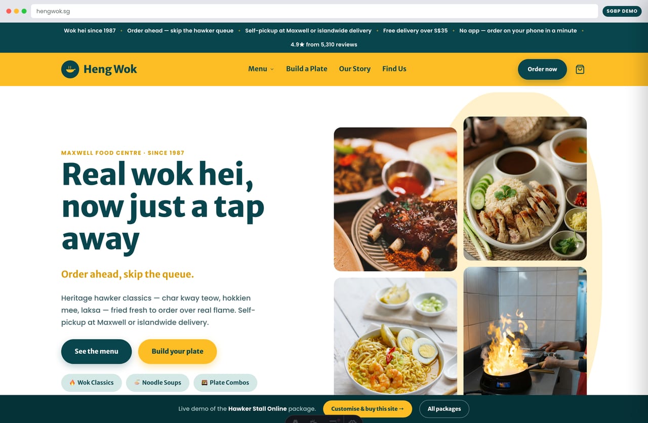 Heng Wok hawker stall online ordering website homepage demo — yellow header, deep-teal heading and food collage (Singapore)