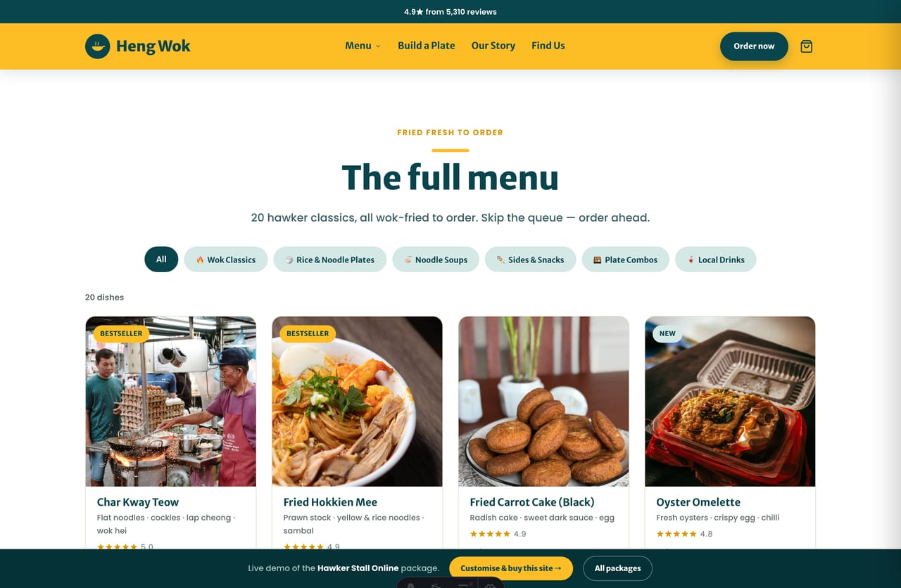 Hawker menu page with filterable craving grid, per-dish pricing and add-to-order
