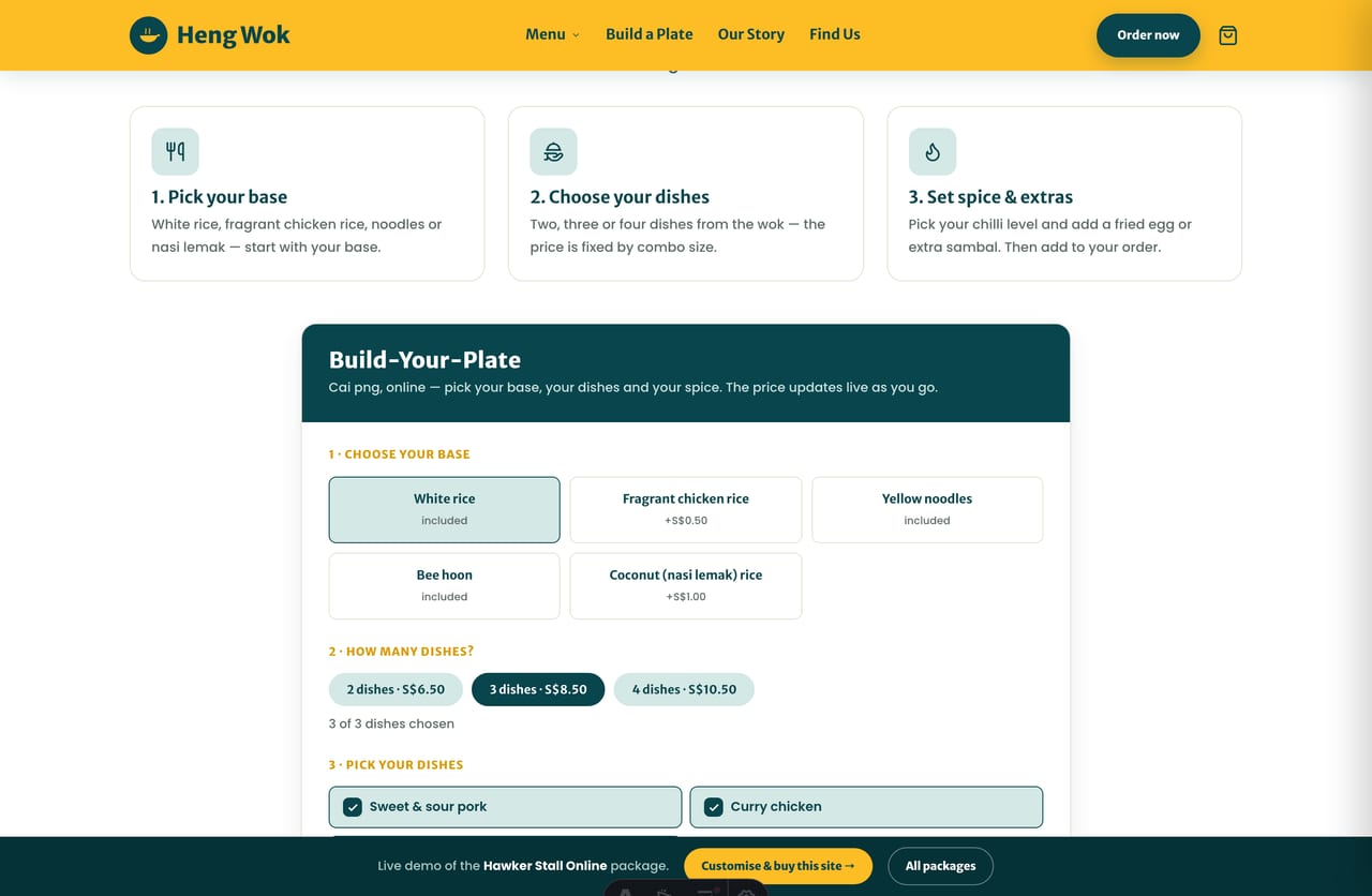 Interactive Build-Your-Plate cai-png combo builder on the Heng Wok Singapore hawker website