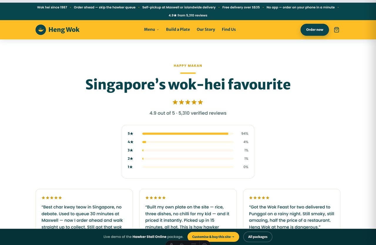 Singapore customer reviews and star ratings on the Heng Wok hawker website