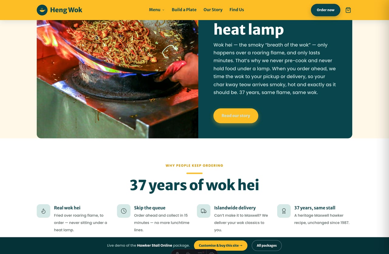 Fried-to-order, real-flame wok-hei trust block on a Singapore hawker homepage