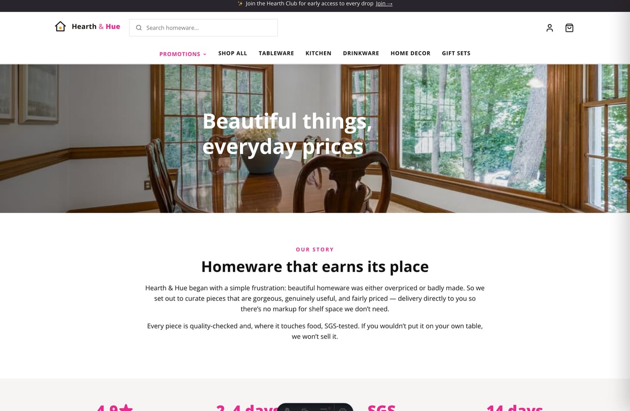 About / brand story page on the Hearth & Hue dropshipping store