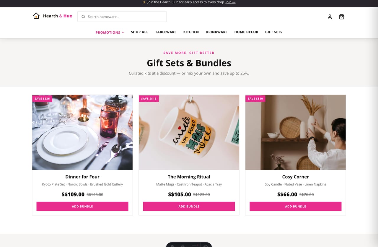 Build-a-bundle gift-set upsell tool on a Singapore dropshipping store