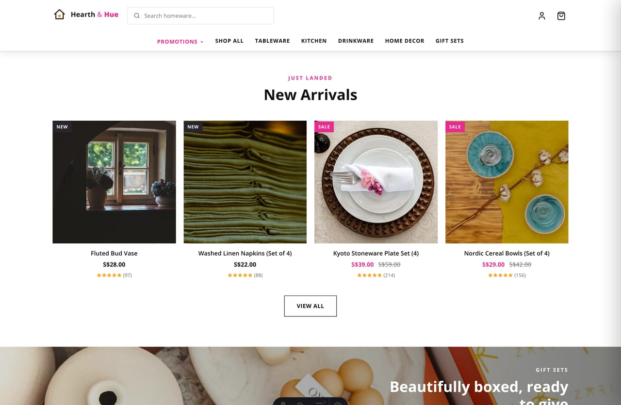 Bestseller product carousel on the Hearth & Hue homeware dropshipping store