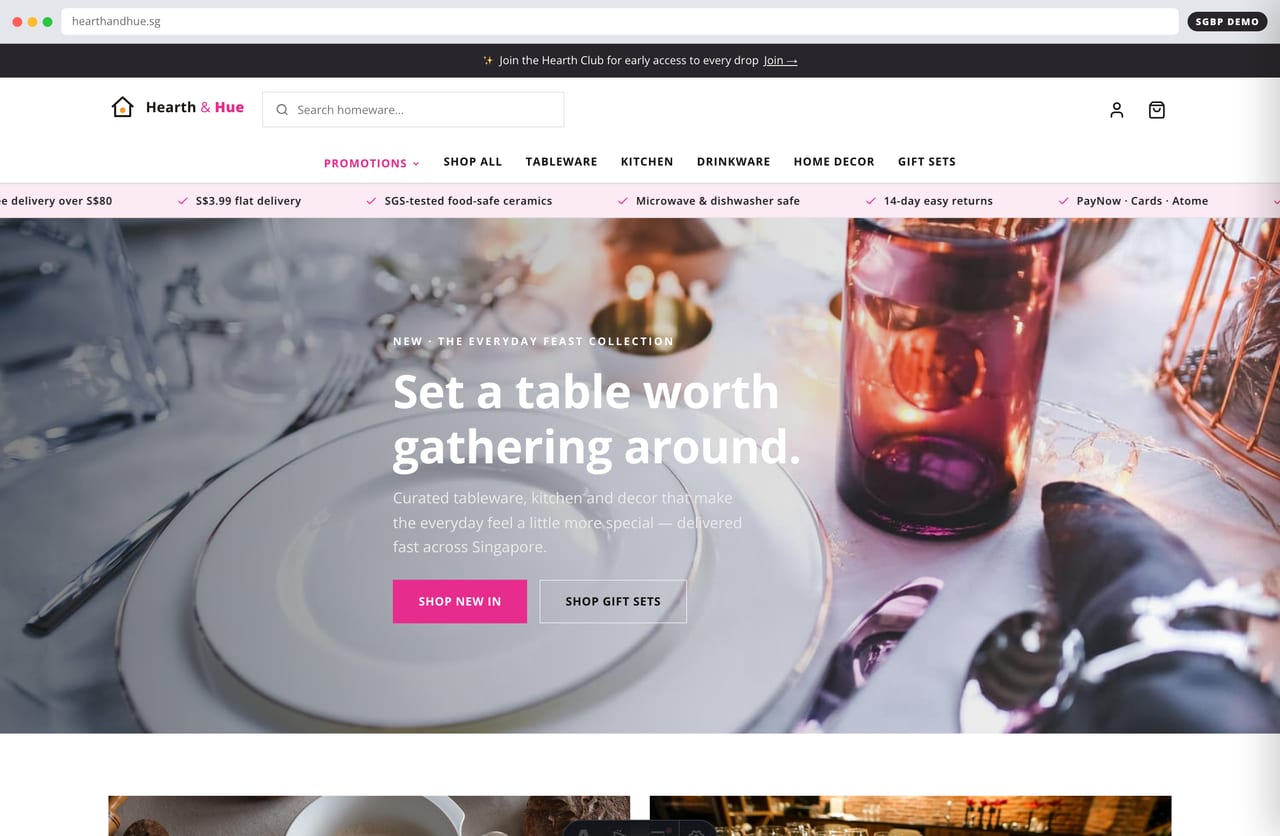 Hearth & Hue dropshipping store homepage demo — full-bleed hero, announcement bar and trust strip (Singapore)