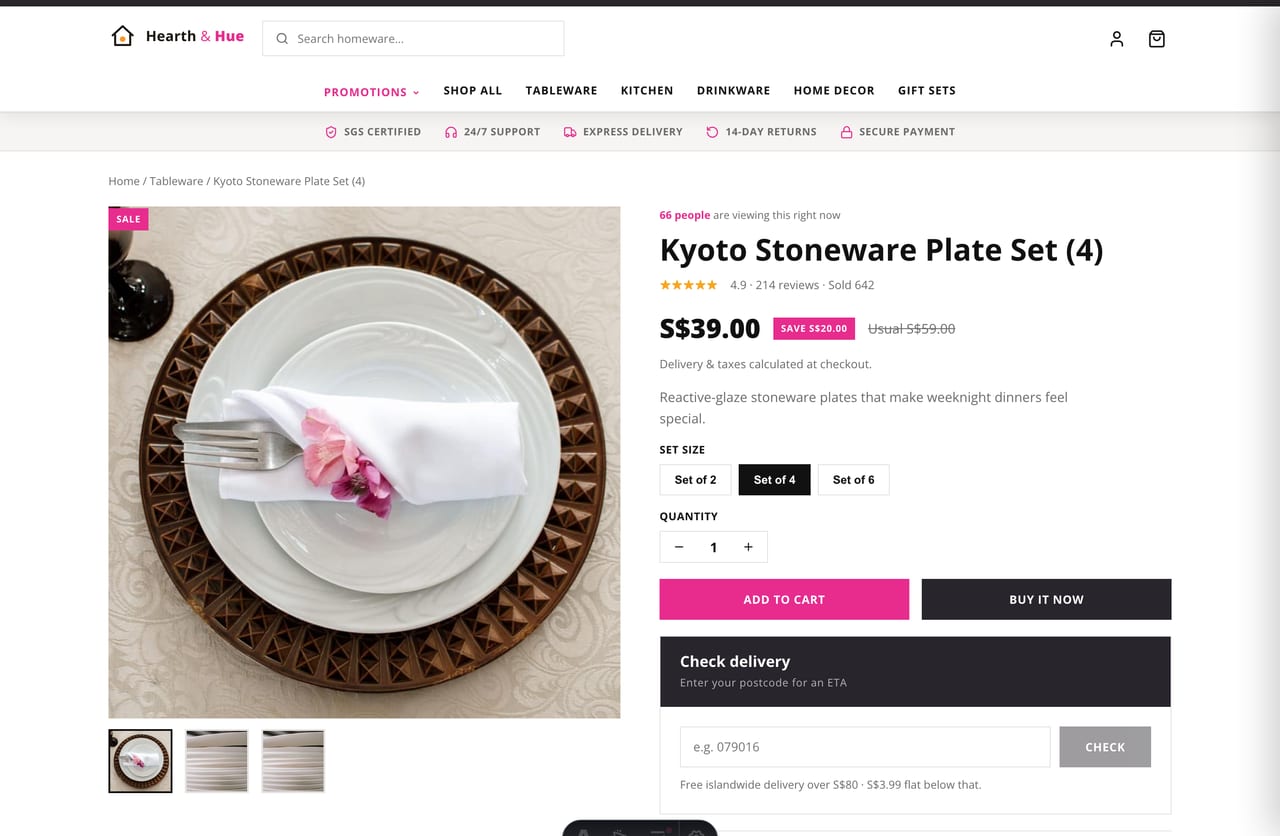 Product detail page with image gallery, variants, delivery checker and add-to-cart
