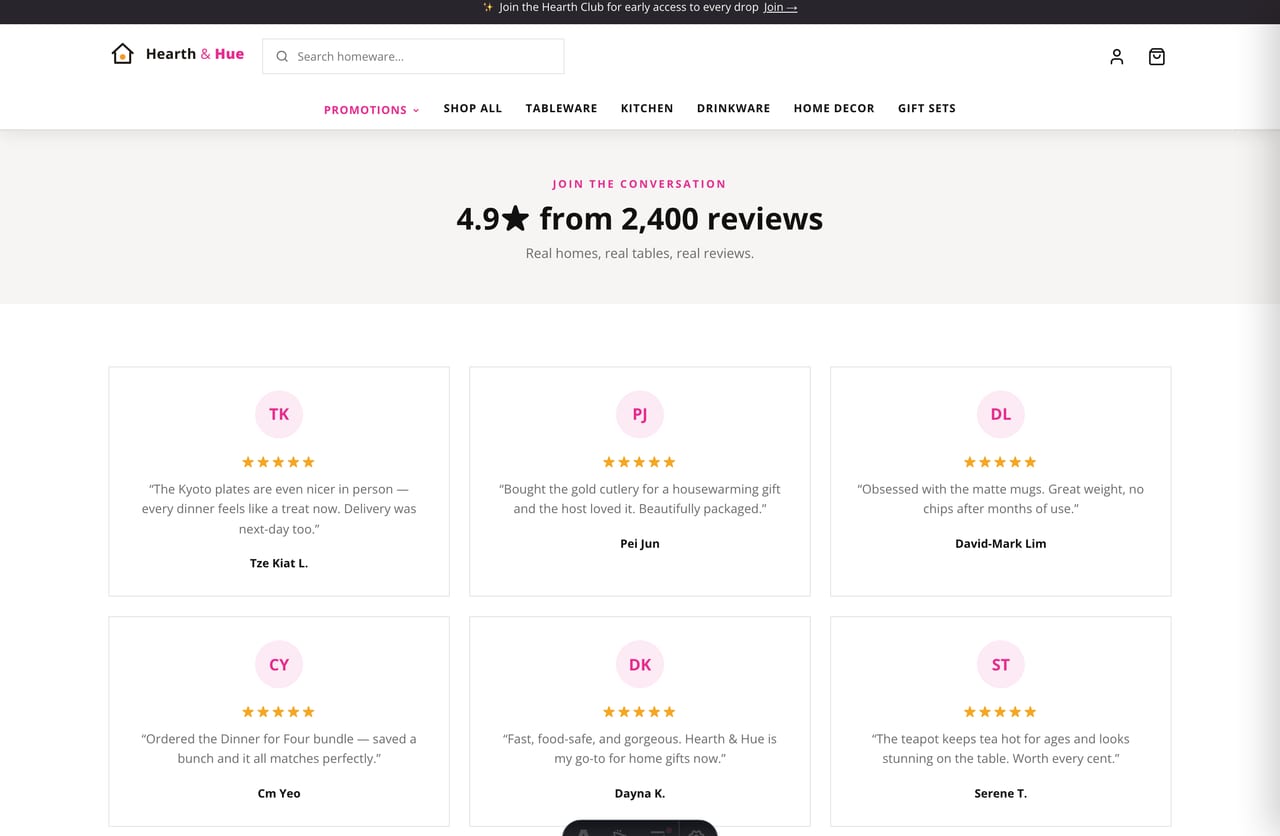 Customer reviews and star ratings on the dropshipping store website