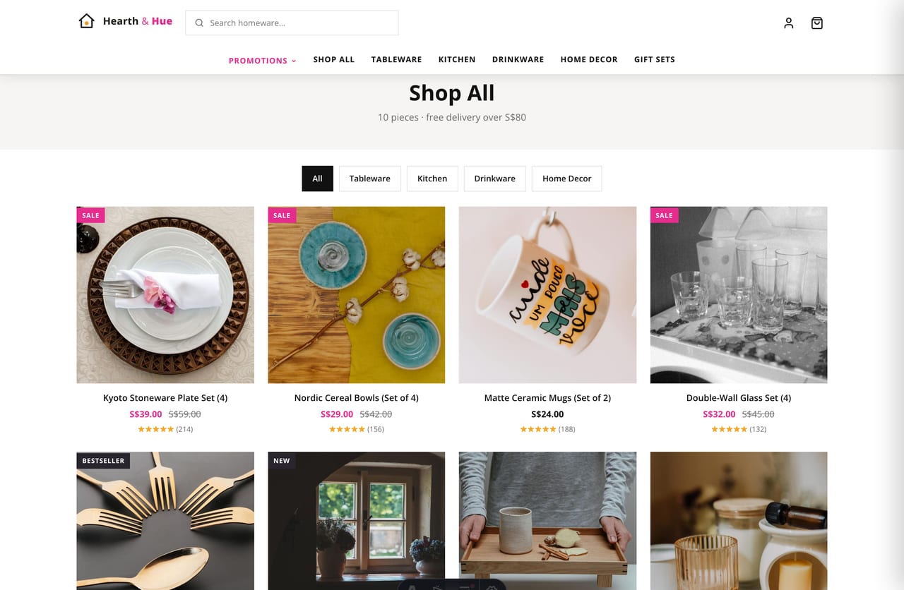 Shop page with filterable product grid, quick-add and SGD pricing
