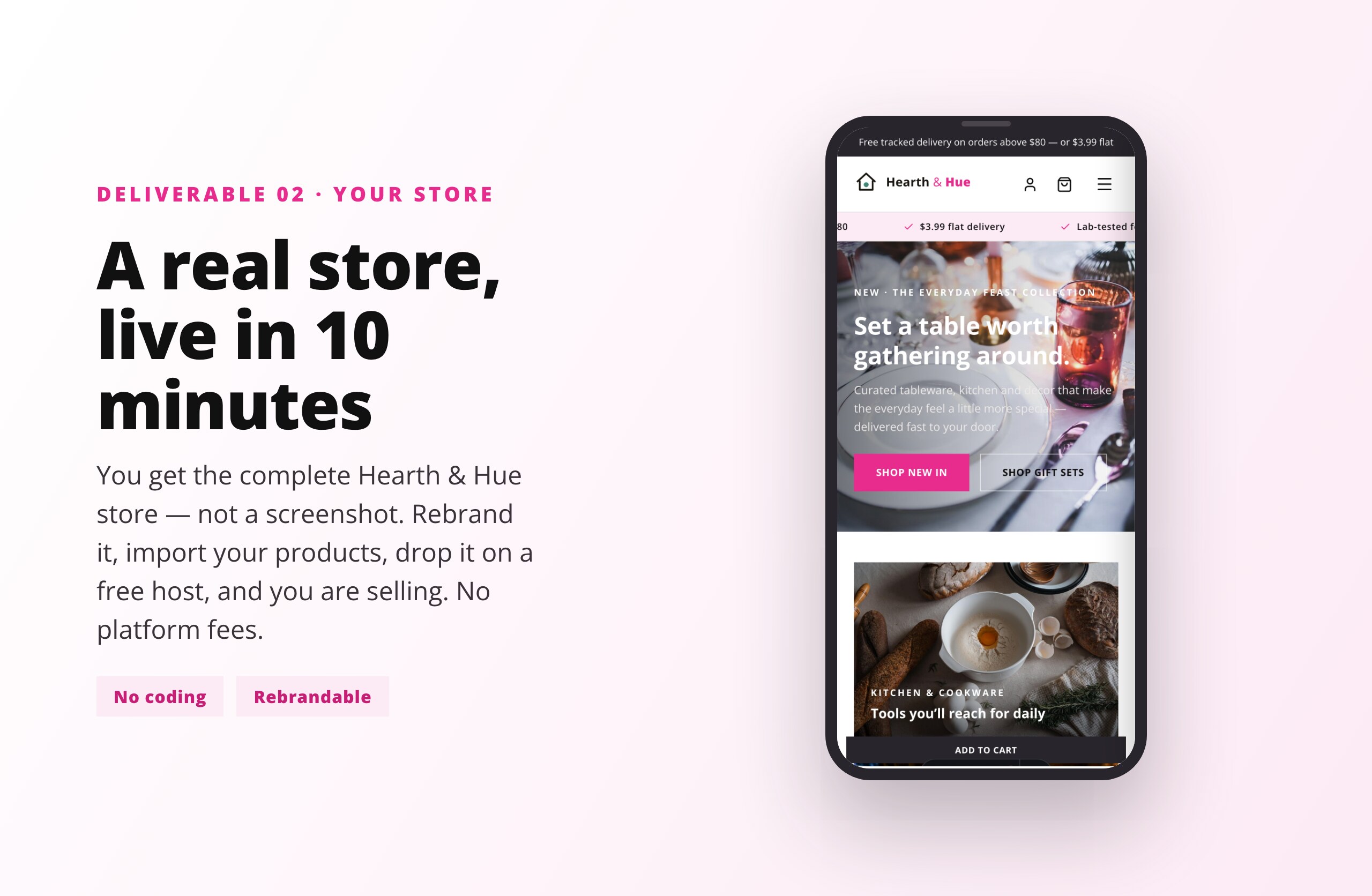 The included dropshipping store homepage shown on a phone