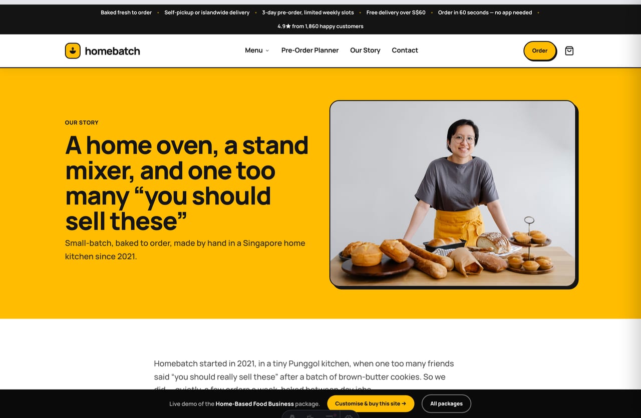 About and brand-story page for a Singapore home-based baker started in a Punggol home kitchen