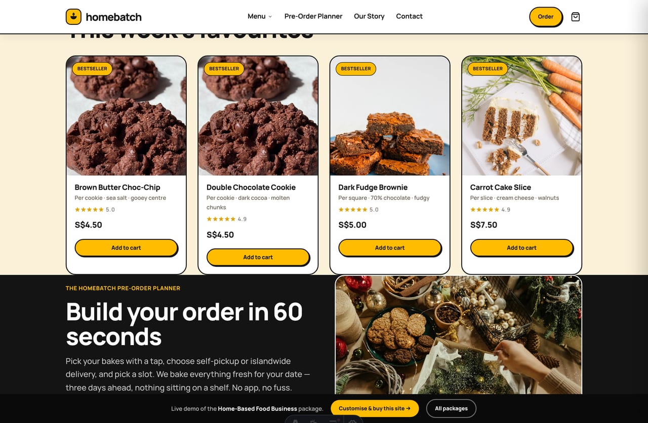 Bestselling home bakes grid on the Homebatch home-based food website