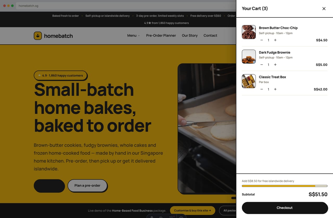 Slide-out cart drawer with a free-islandwide-delivery progress bar on the Singapore home-food store