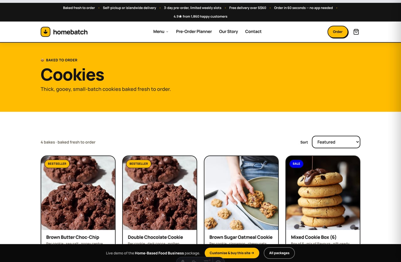 Cookies category page with sorting on the Singapore home-based food demo