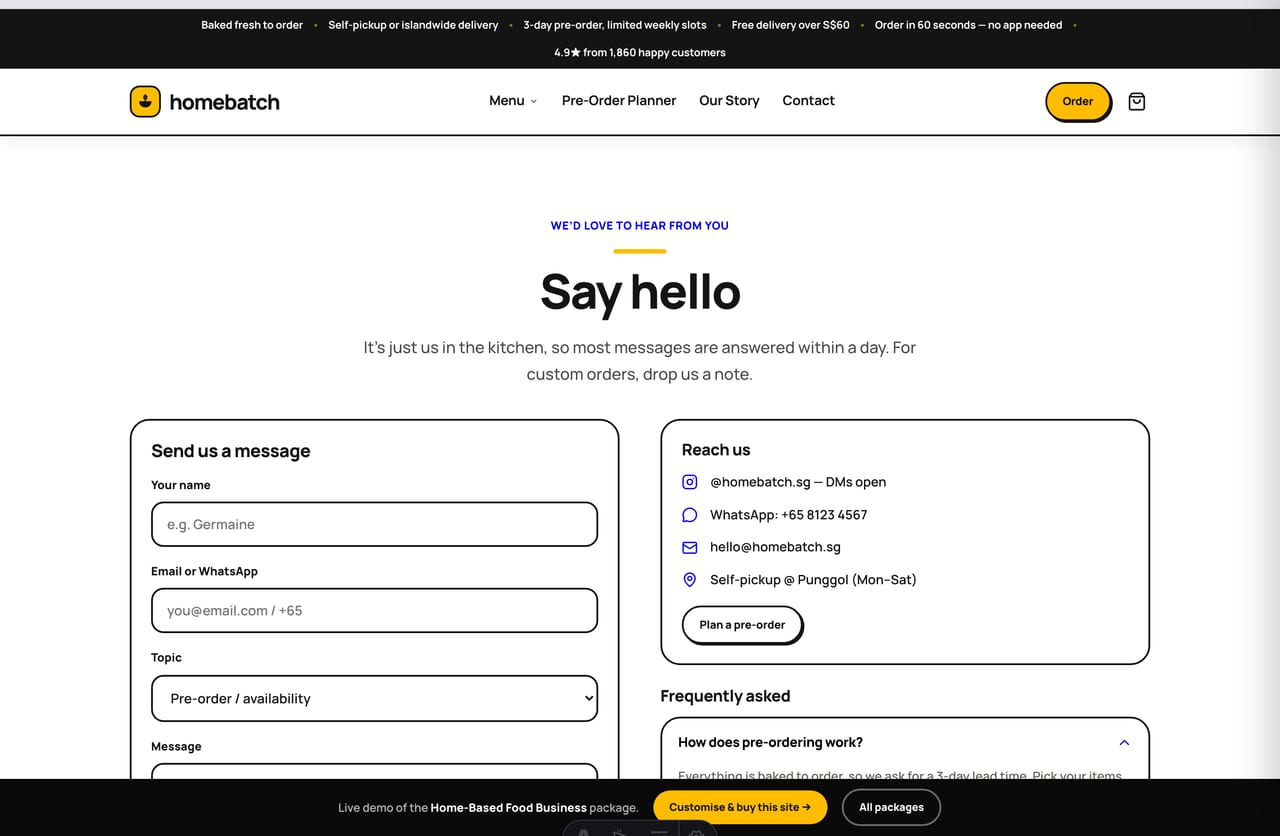 Contact page with WhatsApp, Instagram and a message form on the home-food demo