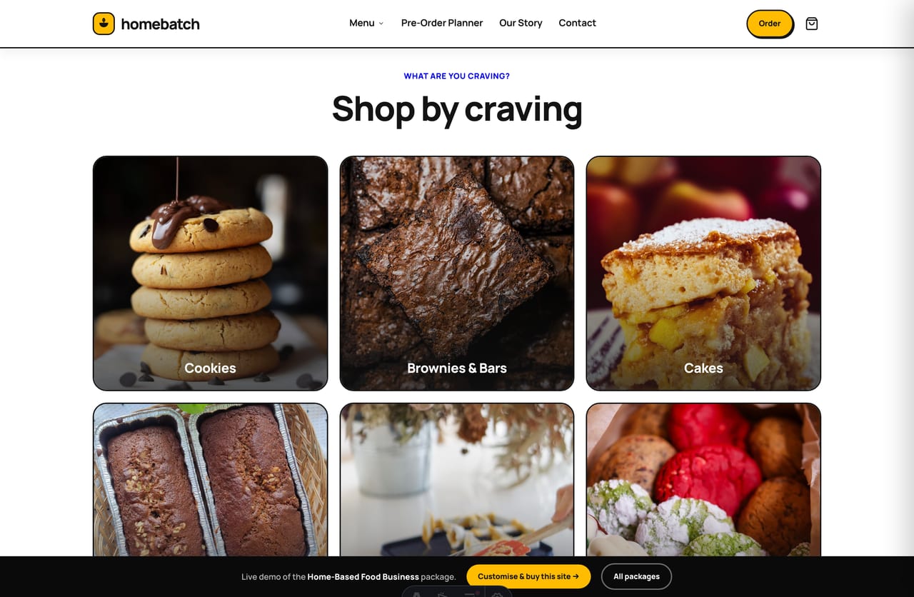 Shop-by-craving tiles for a Singapore home-based food business — cookies, brownies, cakes, breads, frozen food and gift boxes
