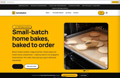 Homebatch home-based food business website homepage demo — yellow hero, chunky pill buttons and pre-order promise (Singapore)