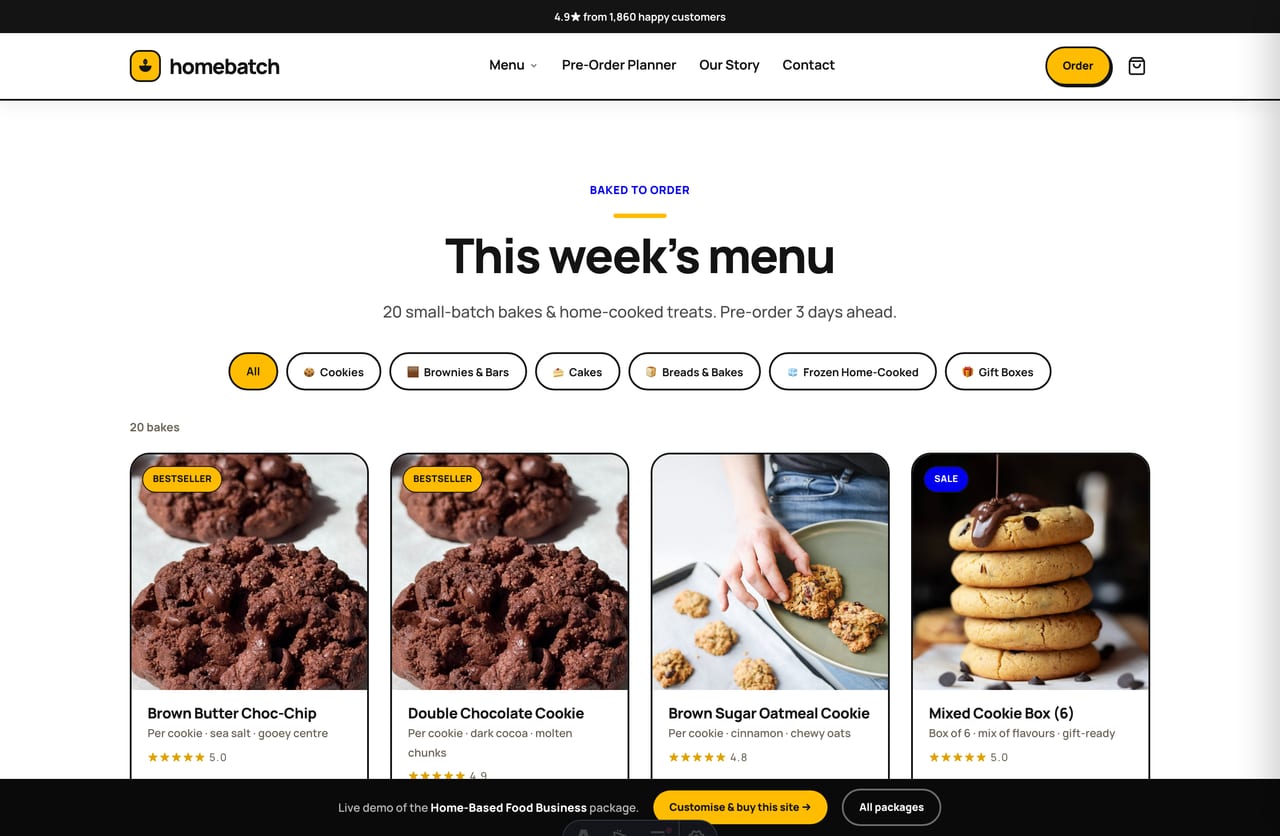 Home-food menu page with filterable category grid, per-item pricing and add-to-cart