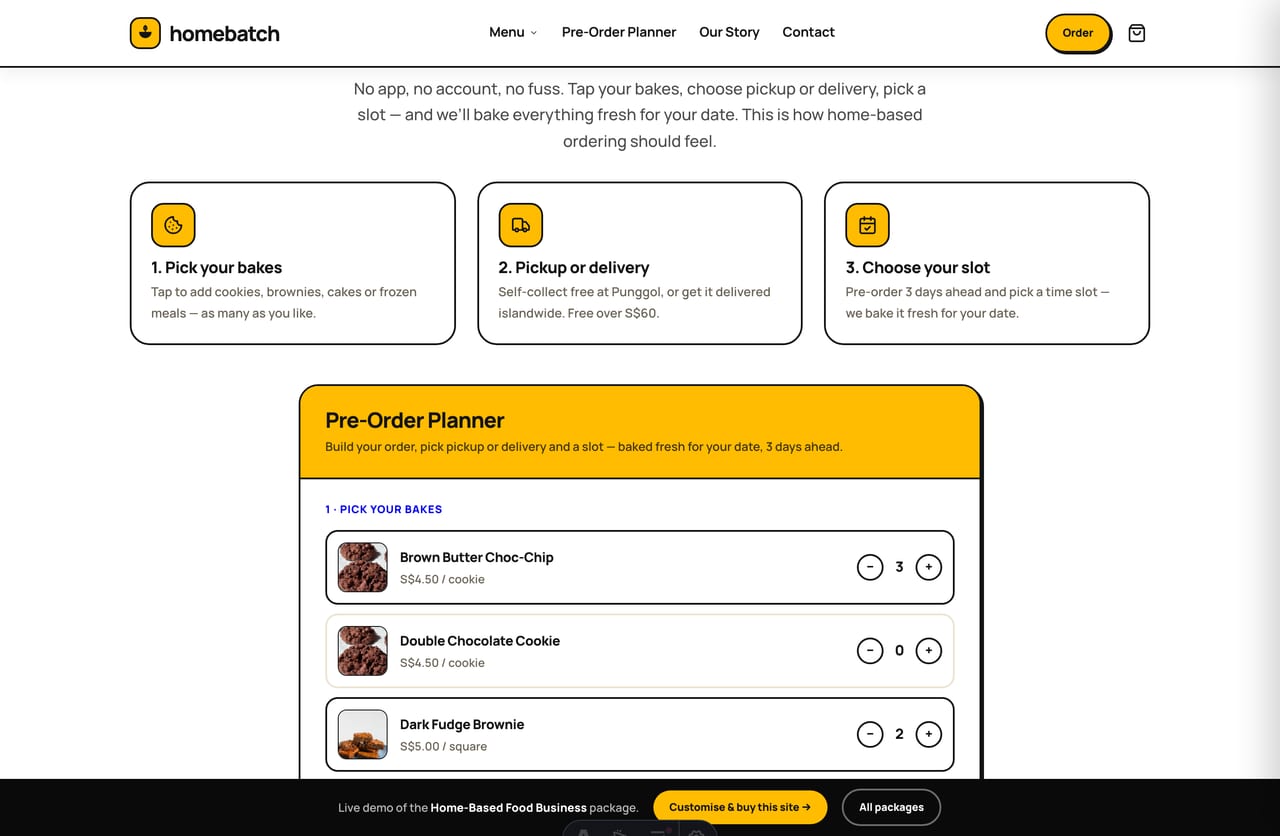 Interactive Pre-Order Planner build-your-order tool on the Homebatch Singapore home-food website