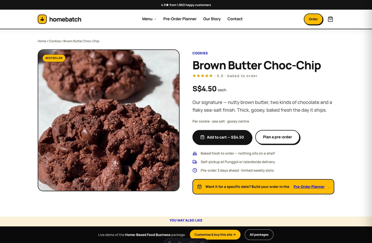 Home-bake product page with image, price, baked-to-order info and add-to-cart