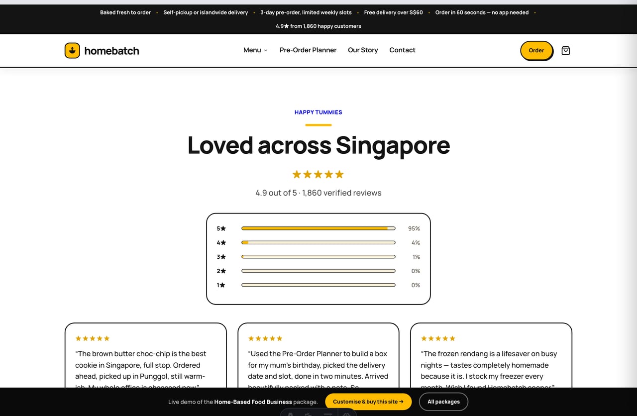 Singapore customer reviews and star ratings on the Homebatch home-food website