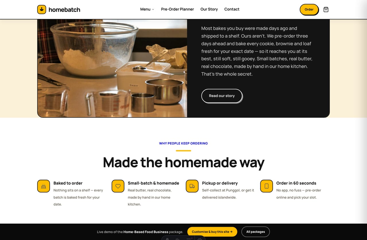 Baked-to-order, never-sitting-on-a-shelf trust block on a Singapore home-food homepage
