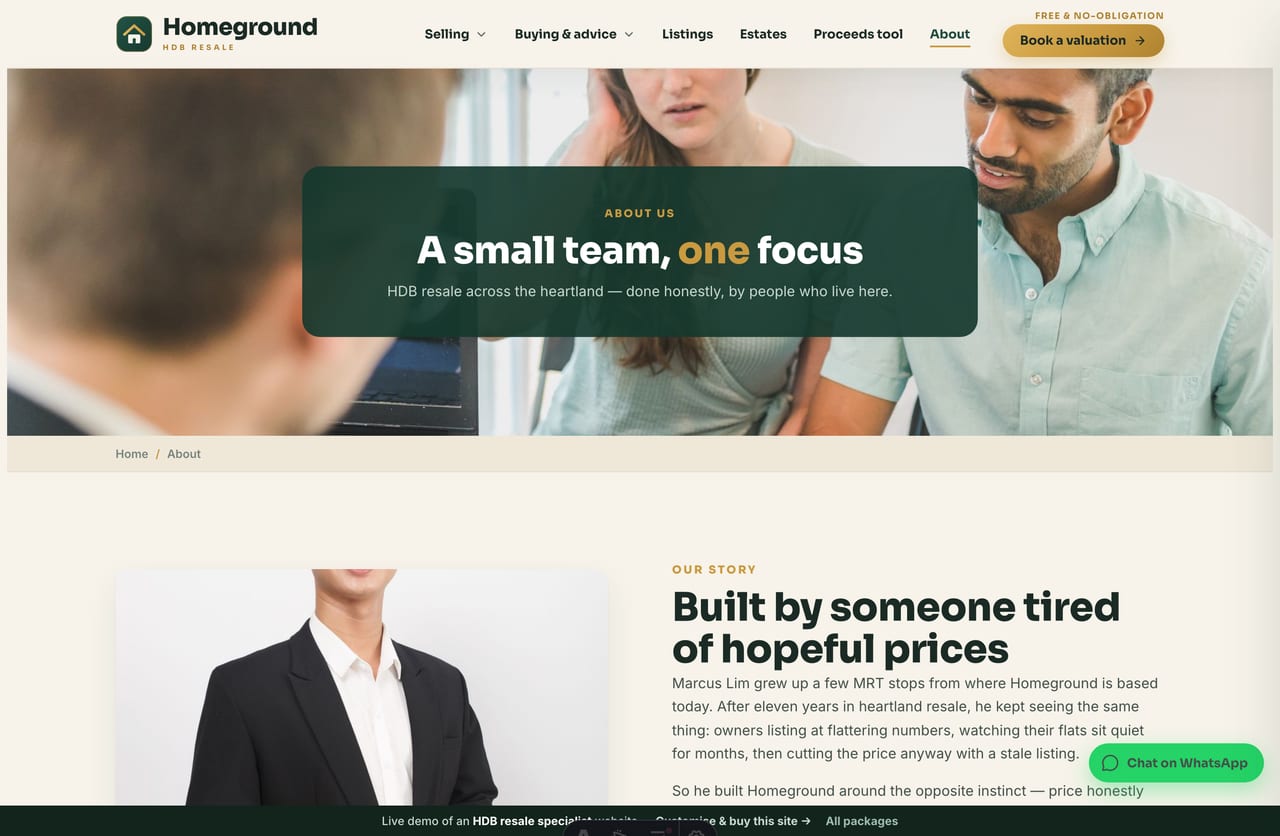 About page with lead agent, team and CEA registration on a resale agent site