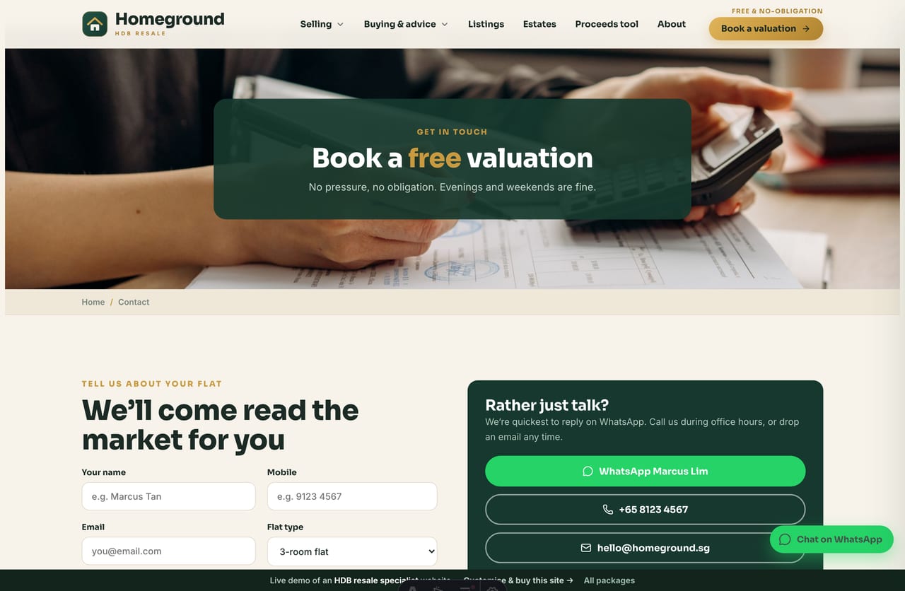 Valuation booking form with PDPA consent on an HDB resale agent website