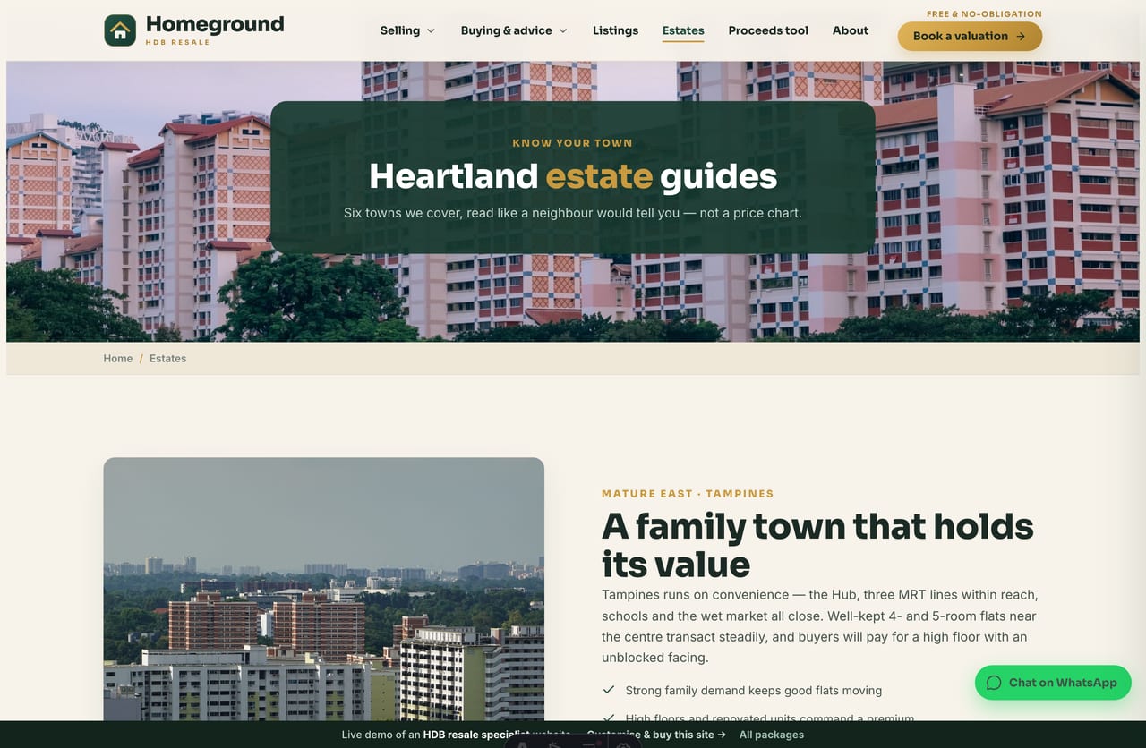 Heartland estate guides page covering Tampines, Punggol and more