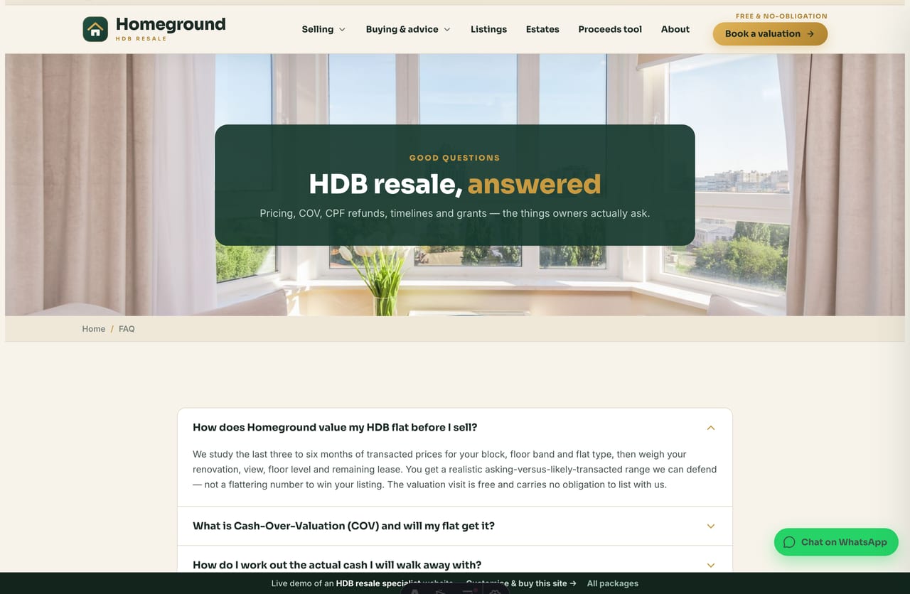 HDB resale FAQ accordion on a Singapore property agent website
