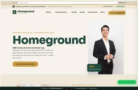 Homeground HDB resale specialist website homepage demo — cutout-agent hero and featured listings (Singapore)