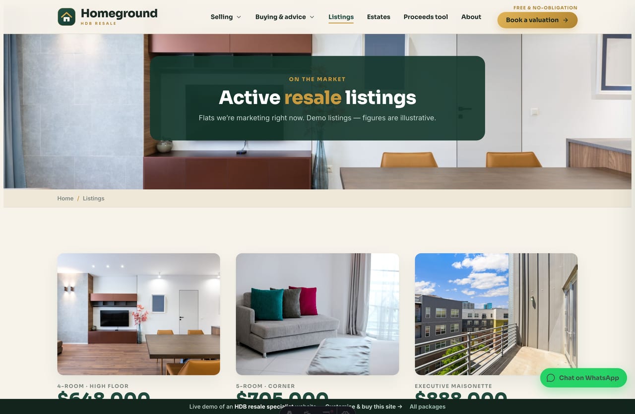 Featured HDB resale listings grid on a Singapore property agent website