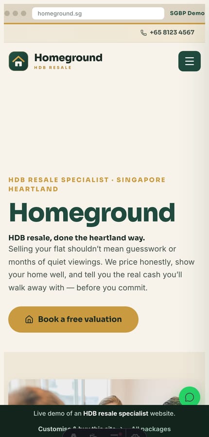 Mobile view of the Homeground HDB resale specialist website