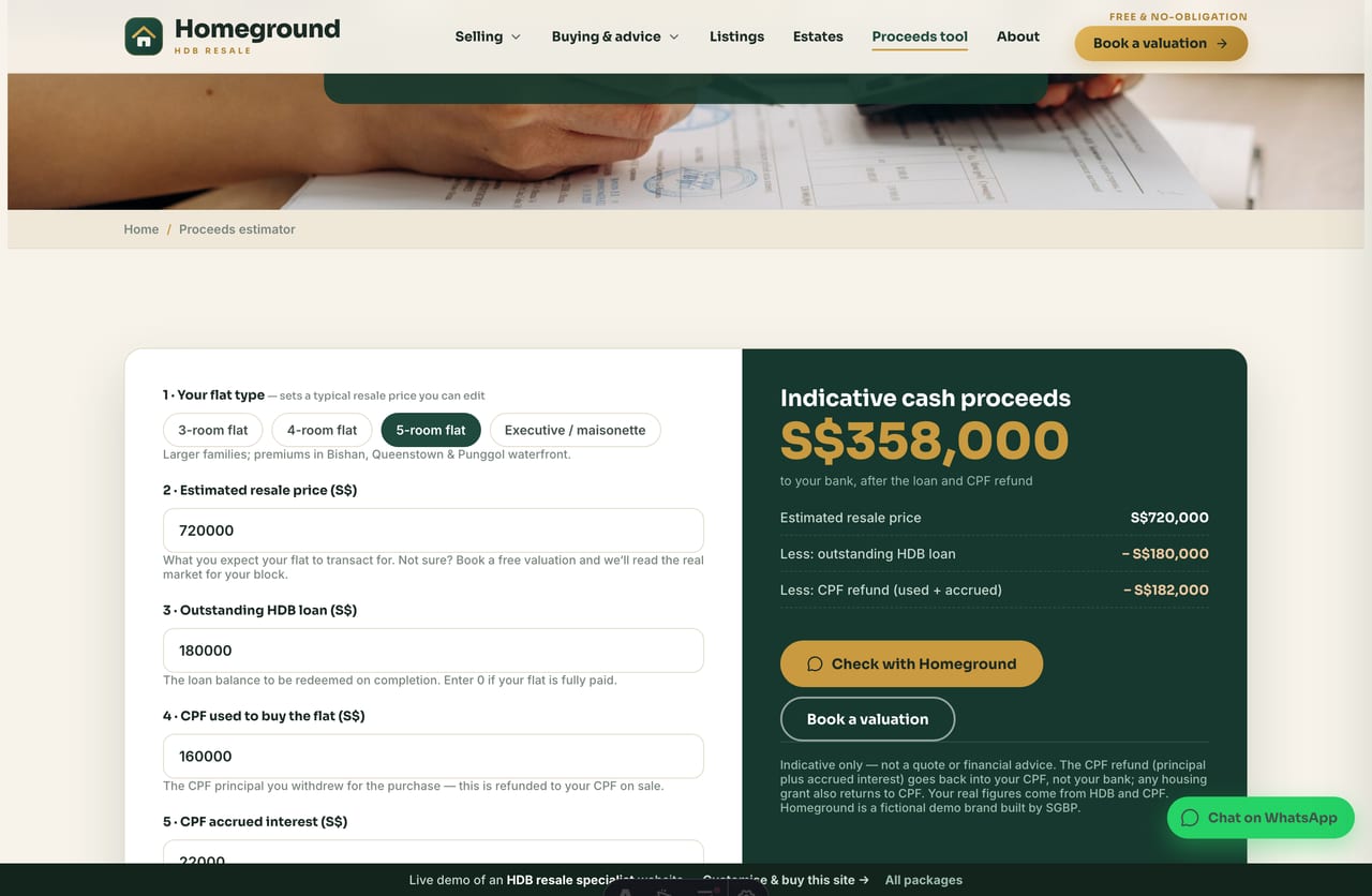 Resale Proceeds Estimator on a Singapore HDB resale agent website