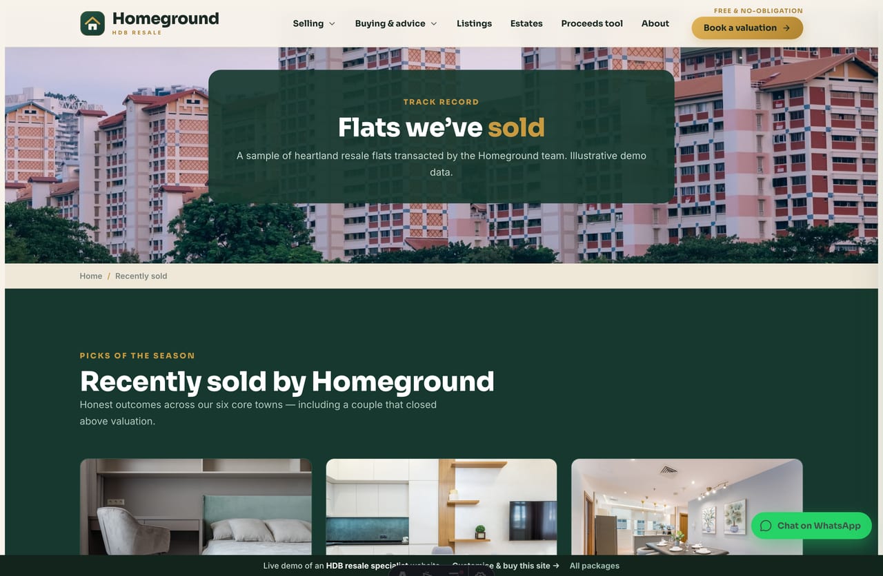 Recently-sold HDB flats grid with sold price and timeline on a resale agent site