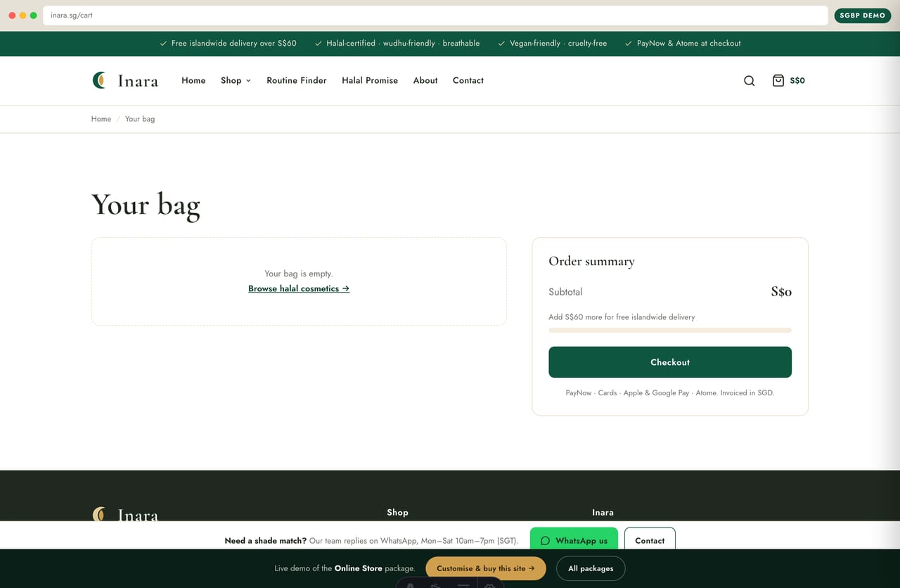 Slide-out bag drawer with a free-islandwide-delivery progress bar on the Singapore halal cosmetics store