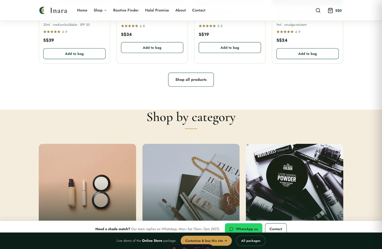 Shop-by-category tiles for a Singapore halal cosmetics store — complexion, lip, eye, cleanse, skin care and gift sets