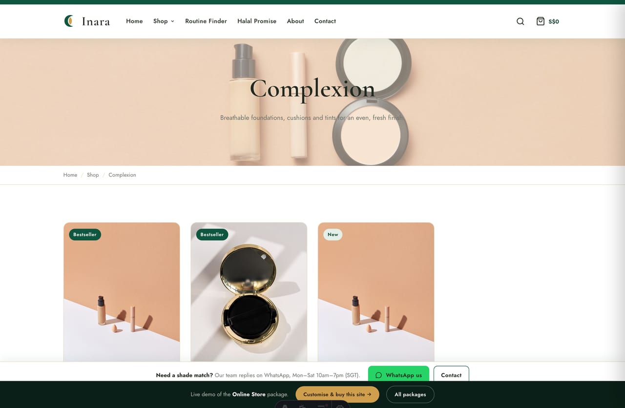 Complexion collection page with educational halal-makeup content on the Singapore cosmetics store demo