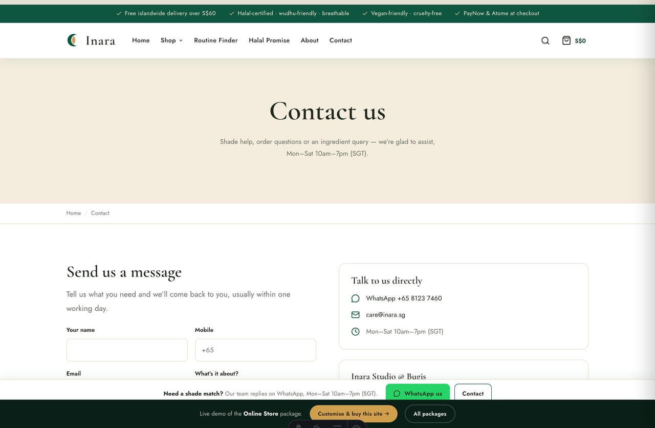 Contact, store-location and WhatsApp page on the Inara halal cosmetics store demo