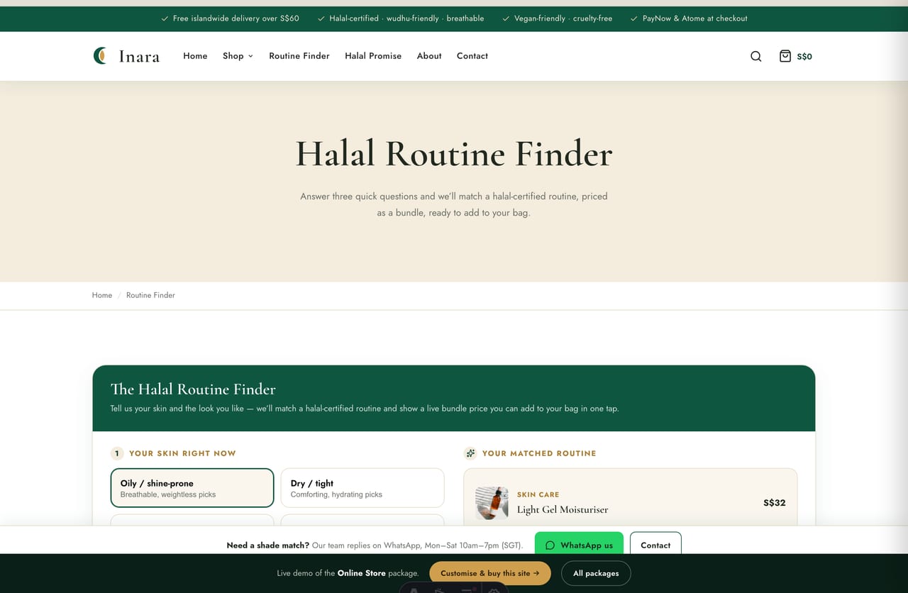 Interactive Halal Routine Finder matching products and a live bundle price on the Inara store demo
