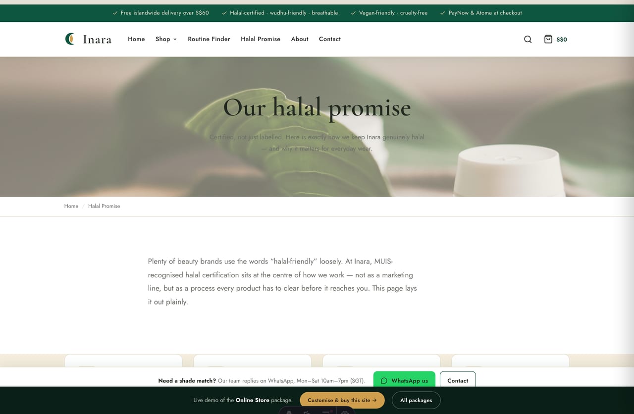 Our Halal Promise page explaining MUIS-recognised certification on the Inara cosmetics store