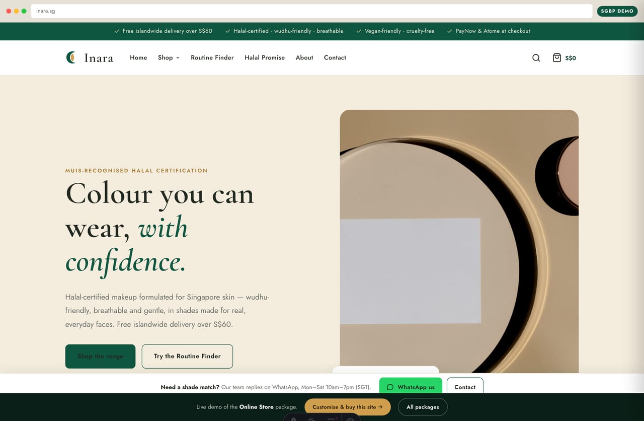 Inara halal cosmetics online store homepage demo — editorial split hero, halal-certified seal and islandwide-delivery promise (Singapore)