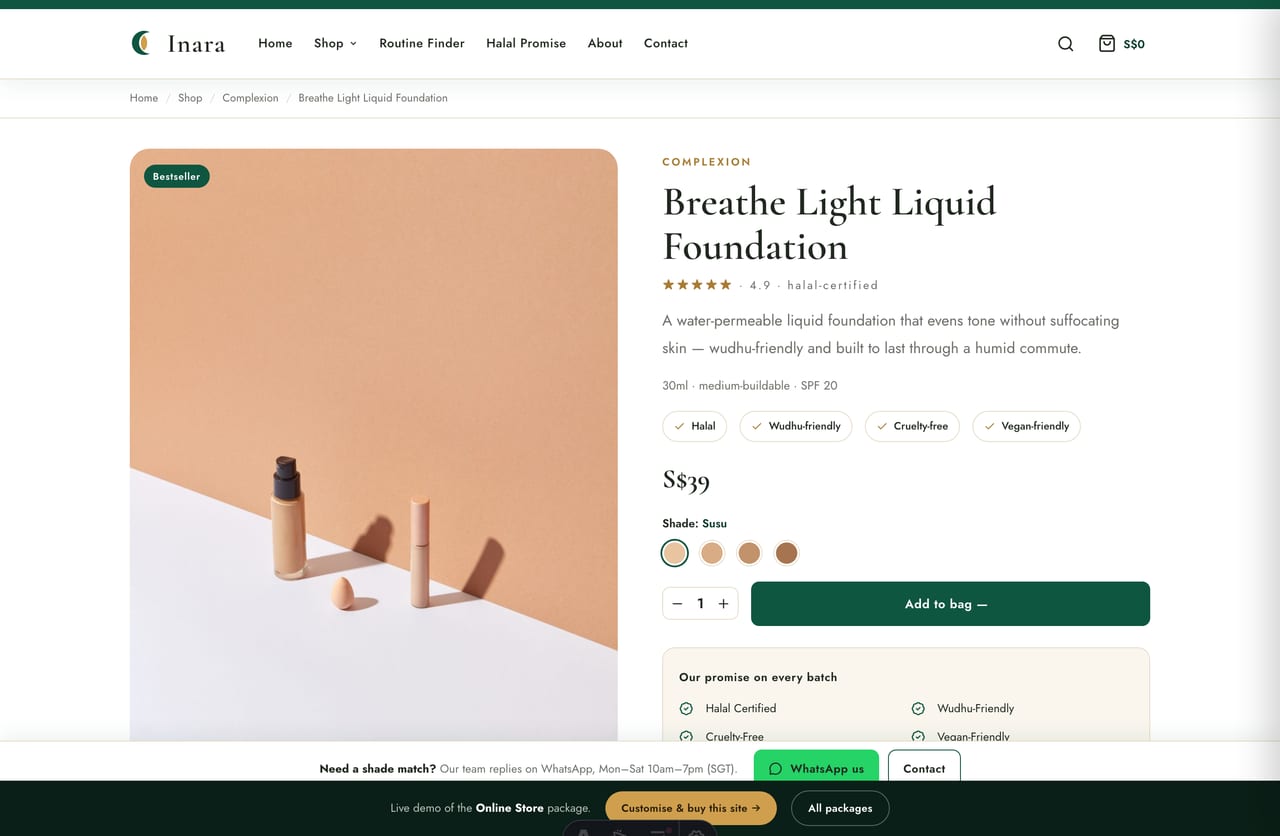 Halal cosmetic product detail page with shade options, Our Promise checklist and add-to-bag