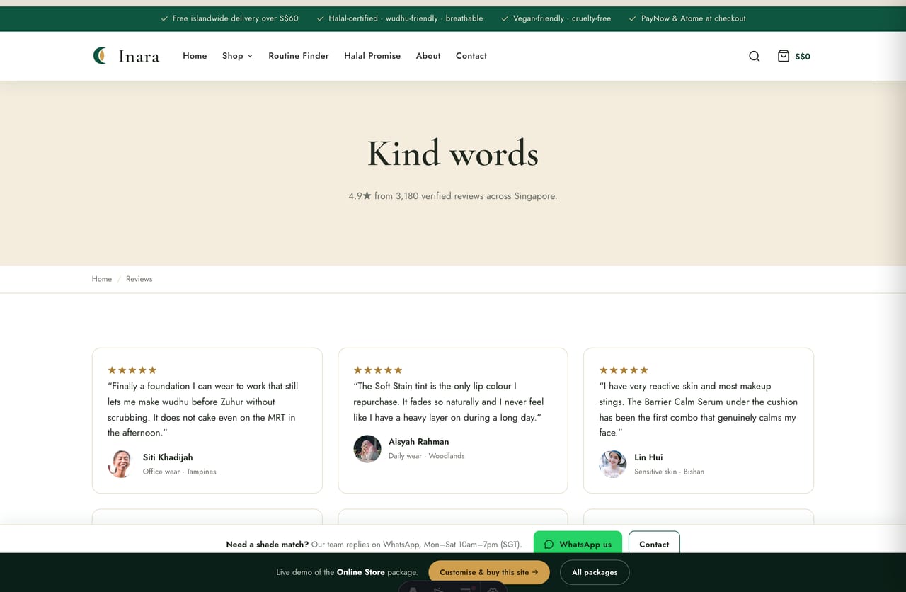 Singapore customer reviews and star ratings on the Inara halal cosmetics website