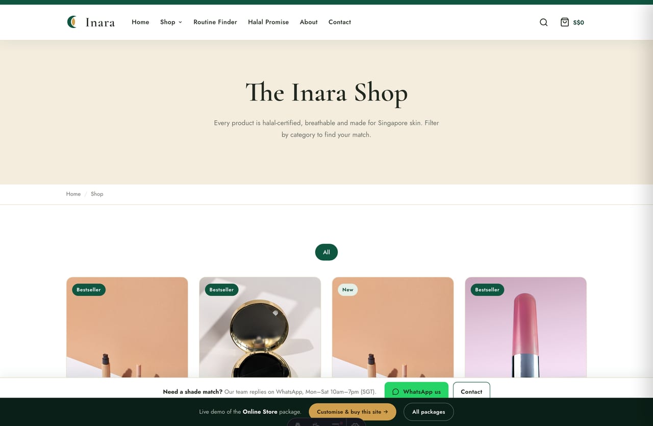 Halal cosmetics shop page with filterable product grid, add-to-bag and SGD pricing