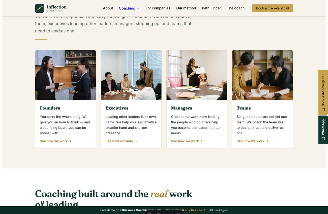 Who-we-coach audience cards (founders, executives, managers, teams) on a Singapore business-coaching website