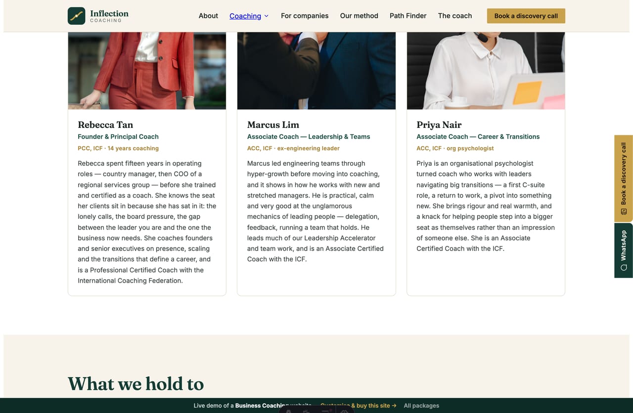 Credentialed coach profiles on a Singapore executive-coaching website