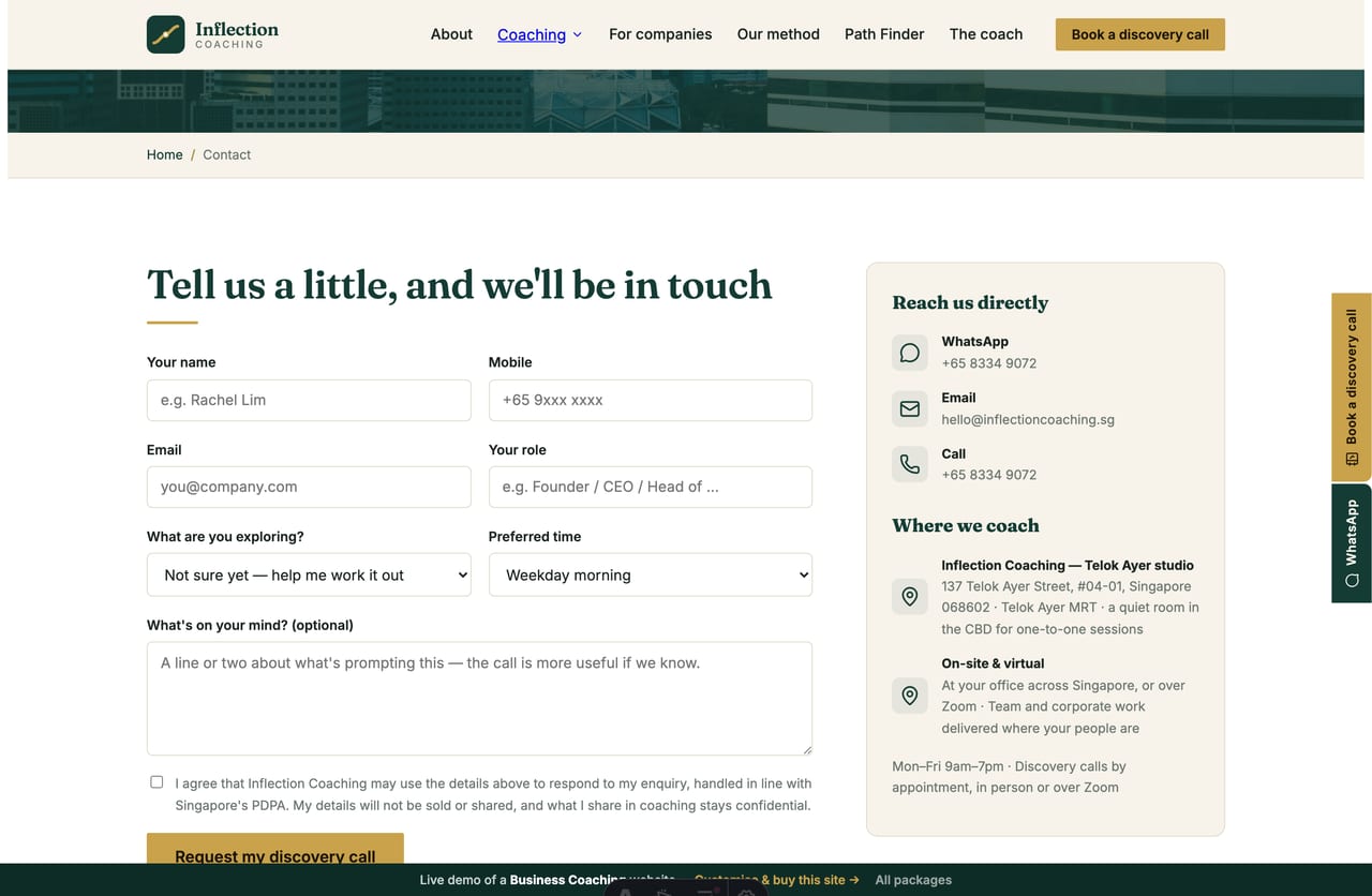 Book-a-discovery-call form on a Singapore business-coaching website